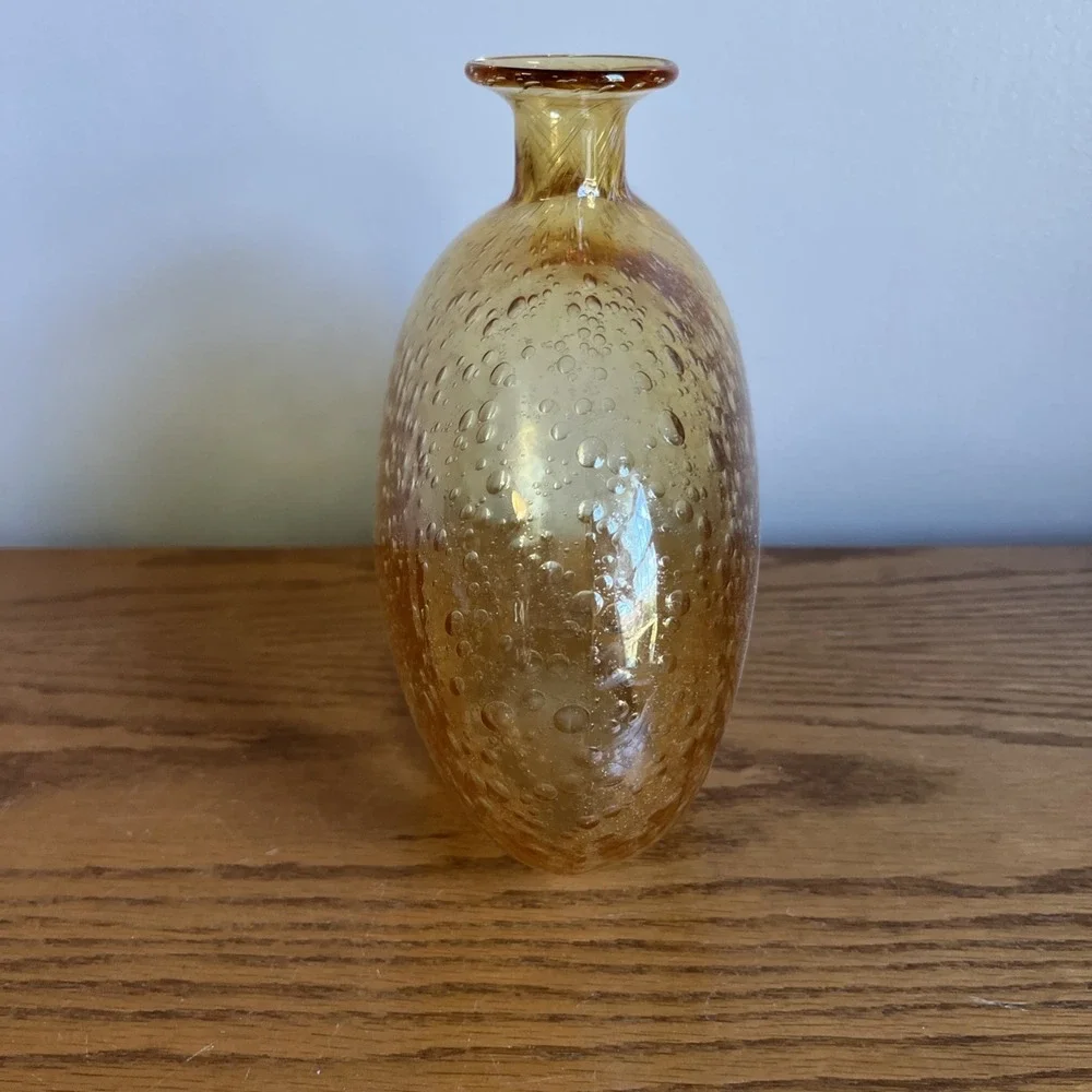 Vintage Bubble Glass Vase Amber Yellow Art Glass Contemporary MCM